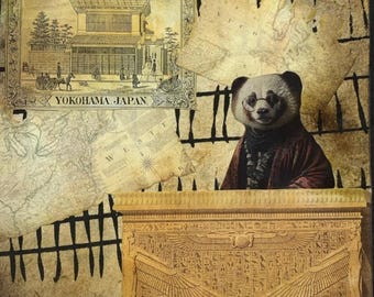 Panda Traveller Collage Art – Mixed Media Wall Decor with Antique Maps