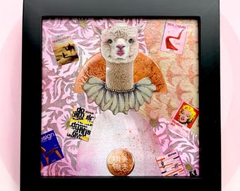 Popster – Glamoureuze alpacacollagekunst, grillig dierenportret, surrealistisch muurdecoratie mixed media