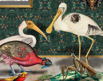 Steampunk Birds Digital Collage Print – 8x8 Framed Art
