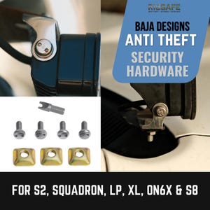 May include: Rigsafe anti-theft security hardware for Baja Designs lights, including four silver security bolts with two-hole heads, three square gold-tone nuts, and a specialised driver tool. Text reads: RIGSAFE ANTI THEFT SECURITY HARDWARE FOR S2, SQUADRON, LP, XL, ON6X & S8.