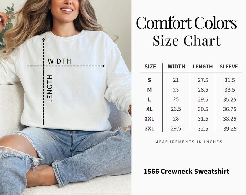 May include: A white crewneck sweatshirt with a size chart showing measurements in inches. The chart lists sizes S to 3XL, with width ranging from 21 to 29.5 inches, length from 27.5 to 32.5 inches, and sleeve length from 31.5 to 39.25 inches. The sweatshirt is labeled "1566 Crewneck Sweatshirt."
