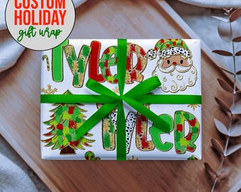 Personalized Wrapping Paper Red Green Christmas Gift Wrap with Name Custom Wrapping Paper for Boys Girls Custom Holiday Gift Wrapping Paper