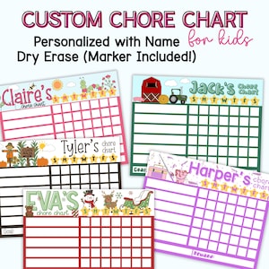 May include: Custom chore charts for kids, personalized with names. Each chart features a dry-erase surface and includes a marker. Designs include farm, winter, and garden themes, with space for daily tasks.