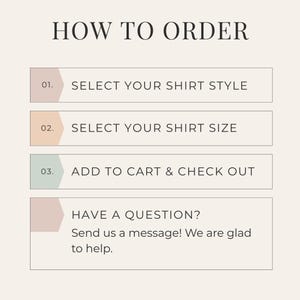 May include: A beige graphic with the text "HOW TO ORDER" at the top. Below are three steps: "SELECT YOUR SHIRT STYLE", "SELECT YOUR SHIRT SIZE", and "ADD TO CART & CHECK OUT". A final section says "HAVE A QUESTION? Send us a message! We are glad to help."