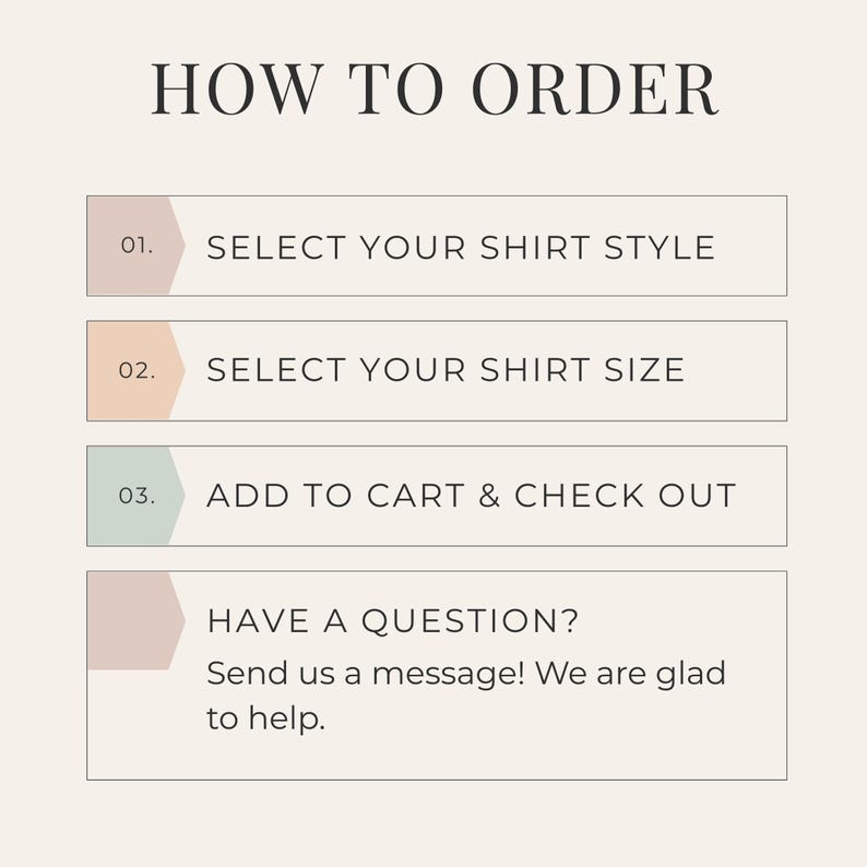 May include: A beige graphic with the text "HOW TO ORDER" at the top. Below are three steps: "SELECT YOUR SHIRT STYLE", "SELECT YOUR SHIRT SIZE", and "ADD TO CART & CHECK OUT". A final section says "HAVE A QUESTION? Send us a message! We are glad to help."