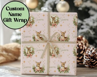 Custom Wrapping Paper for Christmas Gift Wrap for Daughter Present Pink Wrapping Reindeer Personalized Coquette Wrapping Paper for Girl Gift