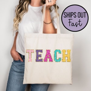 Bolsa de mano para profesores Regalo para profesores Agradecimiento a los profesores Bolsa de mano con parche de chenilla Bolsa para el último día de clases Bolsa de mano bordada Regalo para profesores de escuela