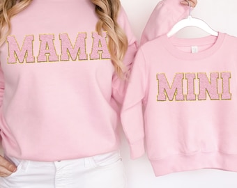 MAMA and MINI shirt Mama and mini sweatshirt chenille patch shirt mommy and me outfit glitter letter patch mommy and me shirt embroidered