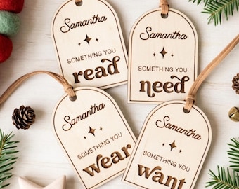 Personalized Wooden Christmas Gift Tags Set of 8 | Something You Want Need Wear Read Share Do Learn Fun | Custom Name Santa Tags