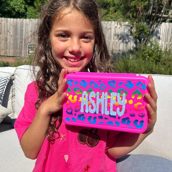 Personalized pencil case School supplies Custom box for craft Back to school Crayon box Pencil box for Girls Art Box Leopard Rainbow box