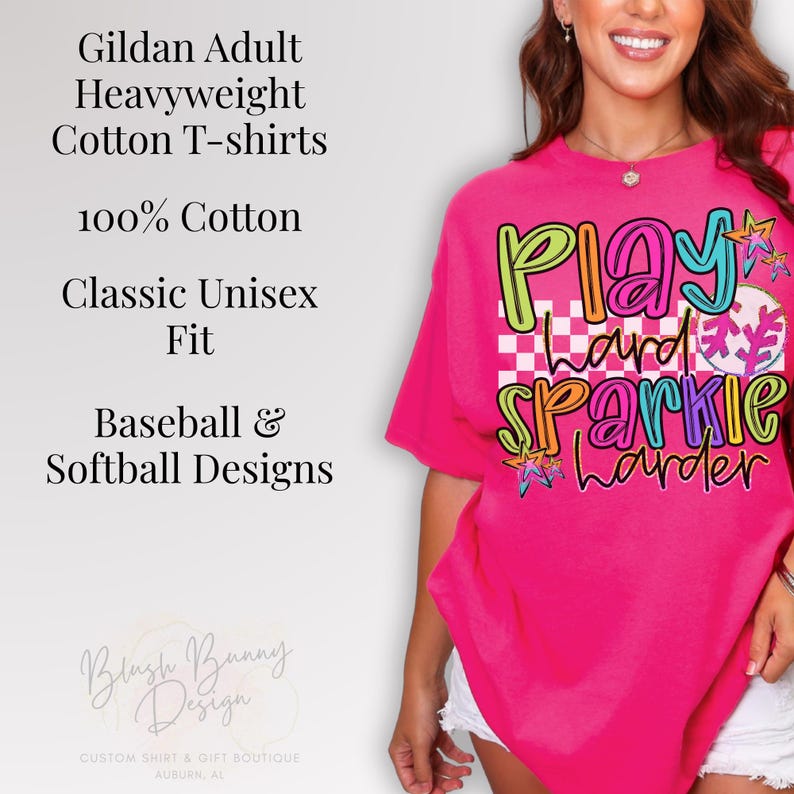 Show off your love for the game with our Play Hard Sparkle Harder Softball Baseball Shirt! This Gildan unisex tee is perfect for softball moms and game day enthusiasts alike. Featuring a stylish glitter design, it's a fun way to stand out in the stands. Made from soft, high-quality fabric, this shirt ensures comfort while you cheer on your favorite player. Get ready to sparkle and shine on and off the field! Perfect for gifts or your own collection. Available in various sizes.