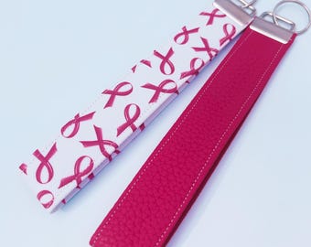 Faux Leather Wristlet Keychain Breast Cancer Awareness Gift Keychain Wristlet for Cancer Supporter Gift Pink October Faux Leather Wristlet