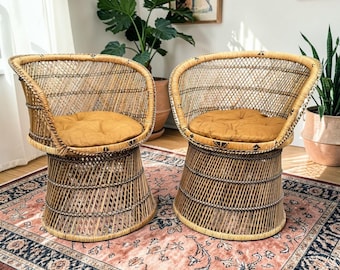 Vintage Wicker Barrel Chairs – Pair Boho Rattan Peacock Style Accent Seating