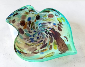 Vintage Sommerso Murano Glass Dish – Turquoise Freeform Bowl, Tutti Frutti Confetti, End Of Day