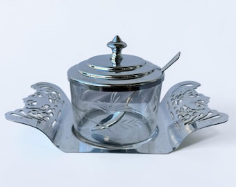 Vintage 1930s Chrome & Glass Condiment Dish with Tray + Spoon