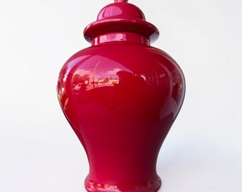 Red Ceramic Ginger Jar • Vintage Hollywood Regency Accent • 14" Tall