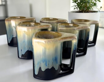 Vintage Rudolfo Padilla Mugs Set • Blue Ombre Drip Glaze Stoneware (Set of Six)