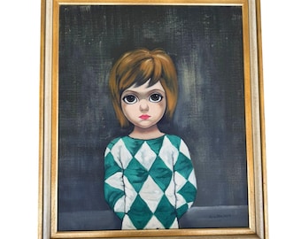 Vintage Margaret Keane Style Big Eyes Painting of a Girl Oil on Canvas Signed