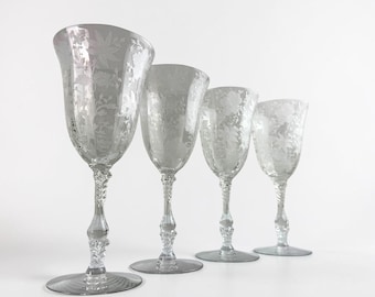 Vintage Water Goblets • Cambridge Wildflower Etched Crystal • Elegant Depression Glass Stemware Set • Vintage Cocktail Glasses Set of 4
