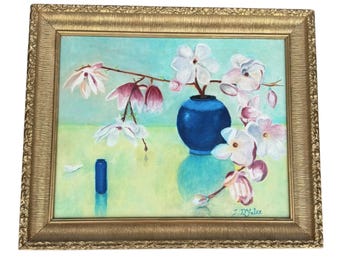 Vintage Oil Painting Still Life Orchids in Vase – Art Deco Style Floral Painting in Gold Gilt Frame