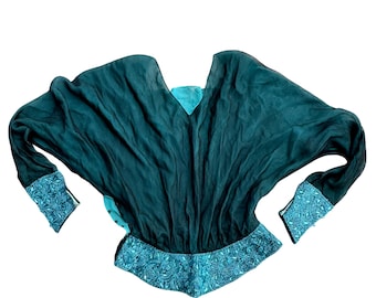 Antique 1930s Beaded Silk Chiffon Blouse – Couture Old Hollywood Top with Dolman Sleeves