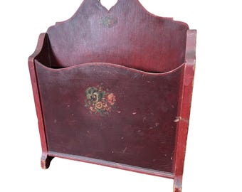 Antique 1920s Wood Magazine Rack – Red Painted Cottage Style Rack with Floral Details