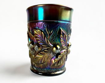 Antique Northwood Carnival Glass Tumbler — Amethyst Acorn Burrs Pattern