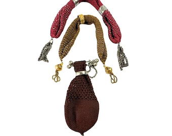 Set of 3 Antique Georgian Miser Purses – Knitted Coin Purses with Metallic Beading – Early 19th C.