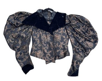 Antique Victorian Bodice – Black Silk Balloon Sleeve Blouse with Colored Jacquard Pattern – New York Label