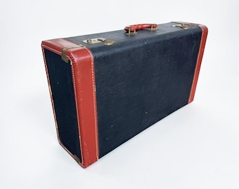 Vintage 1940s Navy Hard Shell Suitcase — Leather Trim Travel Case