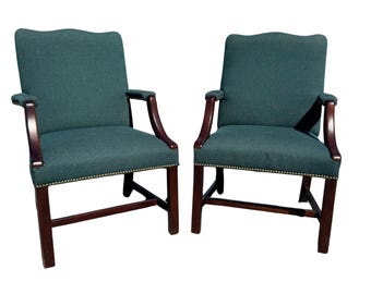 Vintage Chippendale Mahogany Lolling Chairs – Pair Upholstered Arm Chairs – Stow & Davis