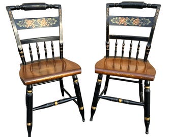 Vintage Hitchcock Dining Chair Pair, Windsor Chairs, Black Painted with Stenciled Harvest Decoration