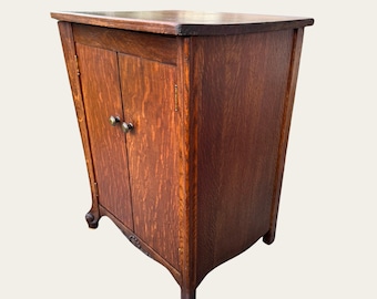 Antique Oak Record Cabinet • Small Entryway Storage Side Table