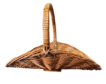 Vintage Curved Wicker Gathering Flower Basket – Portuguese Handwoven Market Basket – Rustic Decor