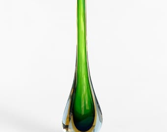 Vintage Murano Formia Art Glass Vase — Green Sommerso Teardrop Sculpture — Italian Hand‑Blown Mid Century Decor