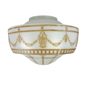Vintage 1920s Ornate Stenciled Schoolhouse Pendant Light Shade Milk Glass