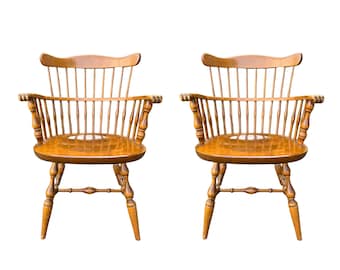 Vintage Ethan Allen Heirloom Maple Nutmeg Comb‑Back Windsor Arm Chairs – Pair