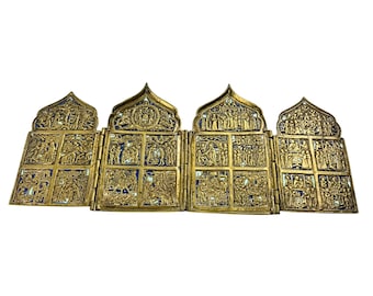Antique Russian Brass Icon Quadriptych – 19th Century Orthodox Travel Icon