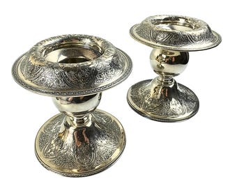 Art Deco Silverplate Console Candlestick Pair – Wilcox 147 – Engraved Ornate Candleholder