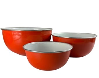 Vintage 1960s Orange Enamel Mixing Bowls • Set of 3 • New Old Stock • Made in Japan • Mid Century Kitchen Decor