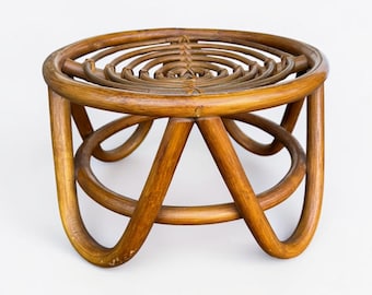 Vintage 1970s Rattan Round Ottoman — Woven Boho Foot Stool