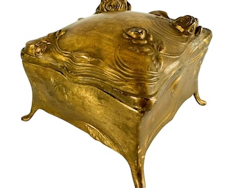 Antique Art Nouveau Gold Metal Jewelry Casket Box – Large Footed Vanity Trinket Box with Roses Design