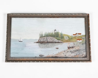 Vintage Maine Coastline Painting • Maritime Oil on Board • Lighthouse Seascape • Original Framed Art 1920s