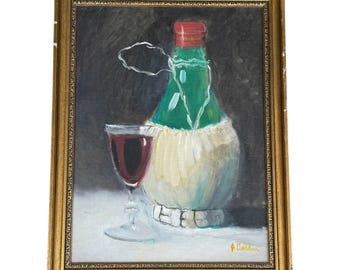 Vintage Mid Century Still Life Painting Framed Acrylic Art Italian Wine Bottle Glass Kitchen Bar Decor Retro Wall Art