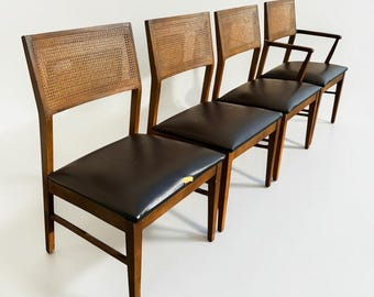 Mid Century Lane Dining Chairs • Walnut + Cane Back • Set of Four Vintage MCM Chairs