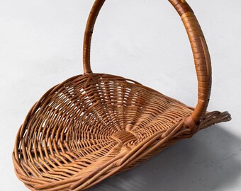 Vintage Curved Wicker Gathering Flower Basket – Handwoven Market Basket – Rustic Decor