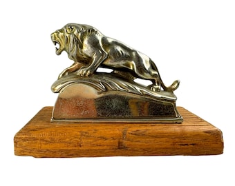 Art Deco Silverplate Lion Paperweight on Oak Base – Vintage Desk Decor