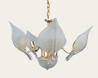 Sculptural Murano Chandelier • Frosted Leaf Glass • Brass Tone • 1980s Lighting • Post Modern Light