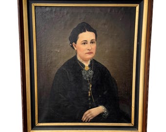 Antique Oil Painting Portrait of a Lady Women, 1850s New England, Large Framed Original 19th Century
