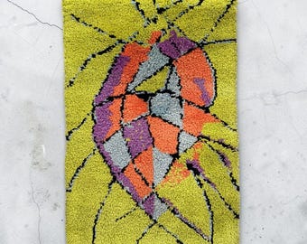 1970s Abstract Fiber Art • Chartreuse Green Hook Rug Wall Hanging • Retro Textile